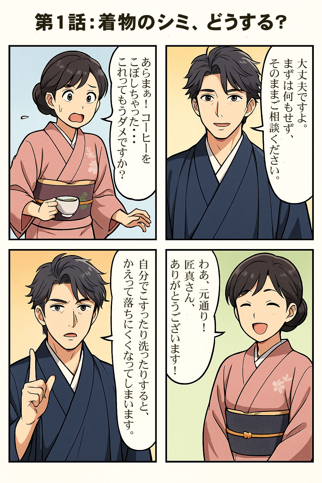 着物のシミ抜きアドバイス漫画 匠真第1話