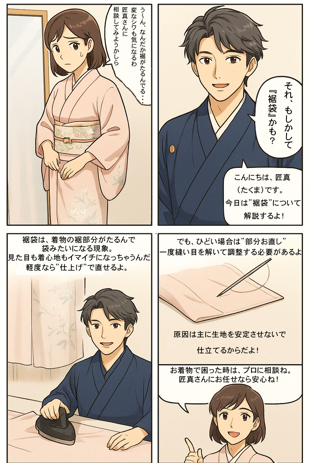 着物の裾袋に関するアドバイス漫画 匠真第2話
